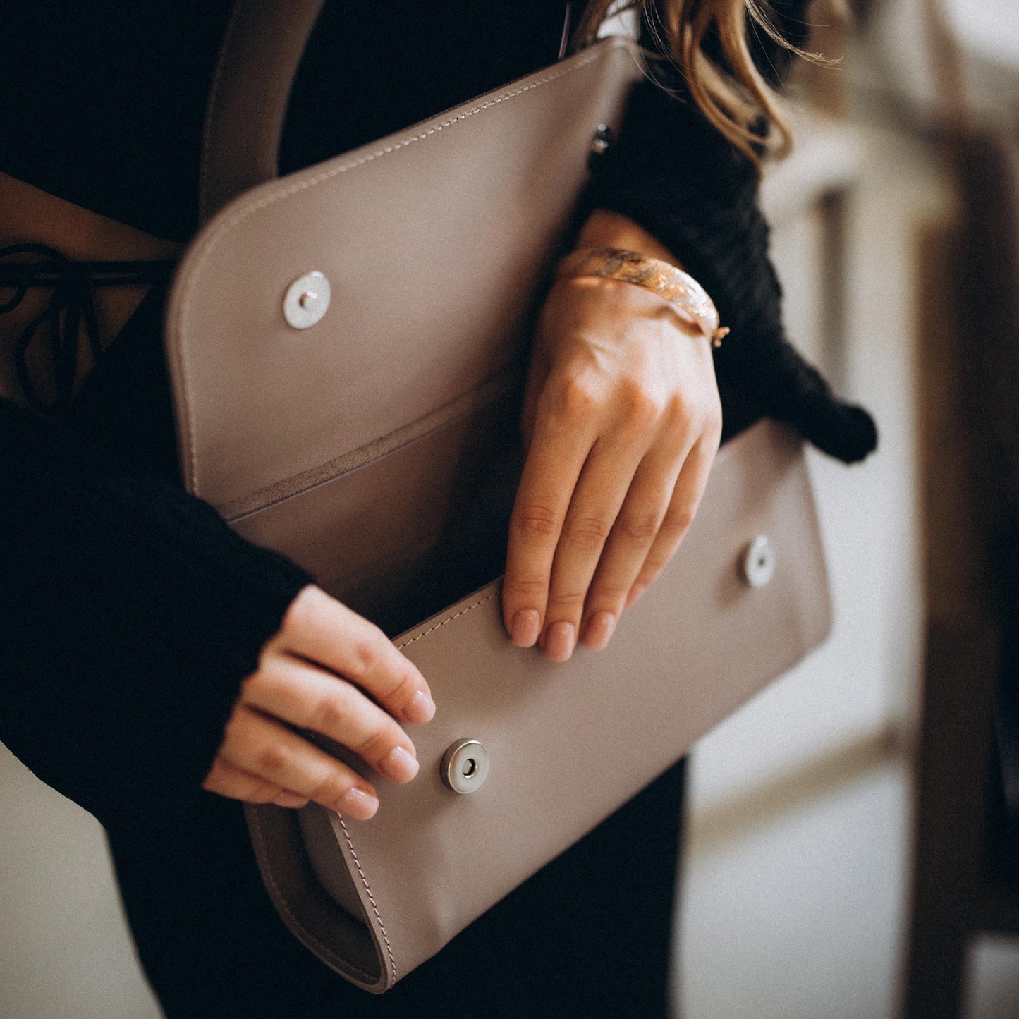 Grey Leather Baguette Bag for Women - Pache Tabala