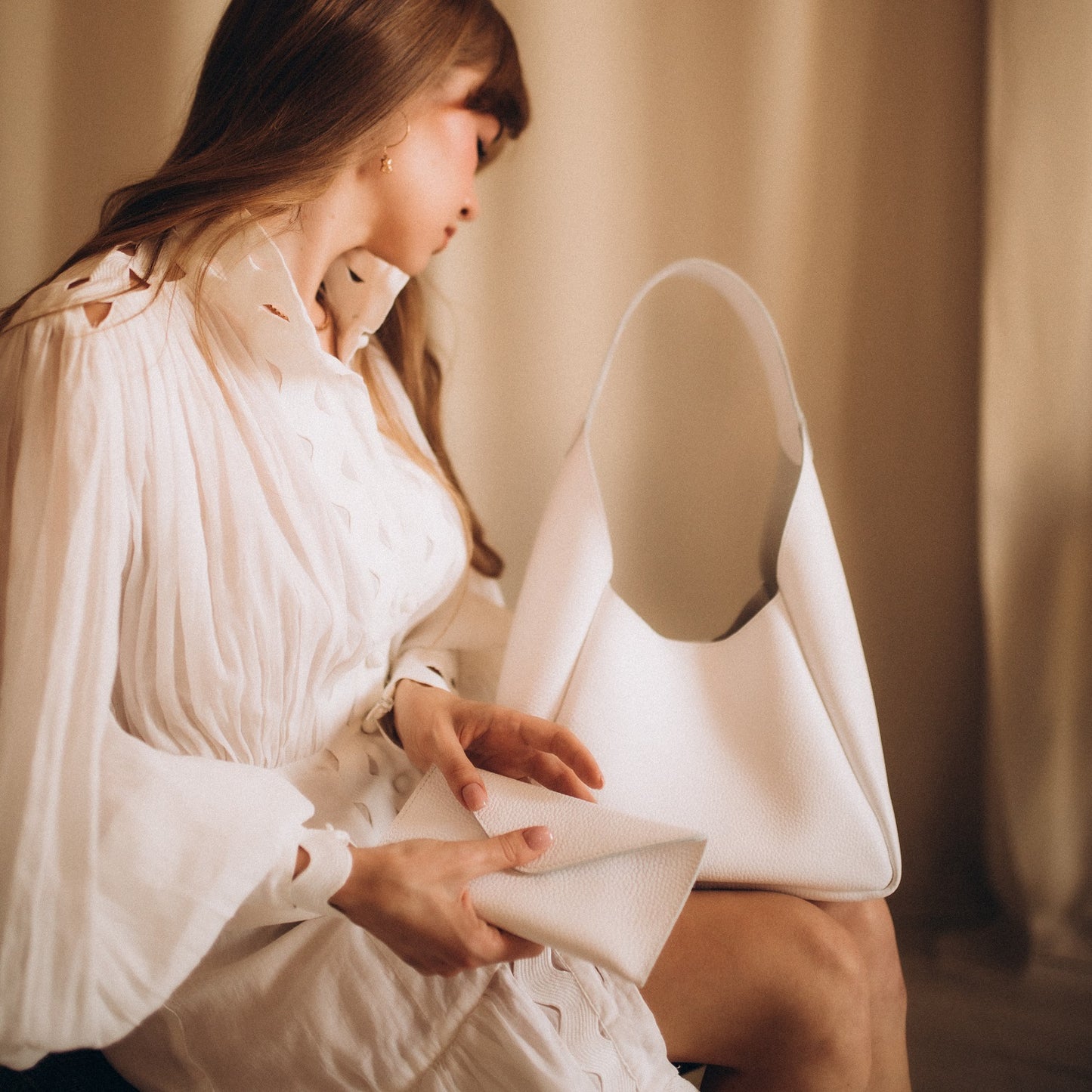White Leather Hobo Bag for Women - Pache Torba - Pache