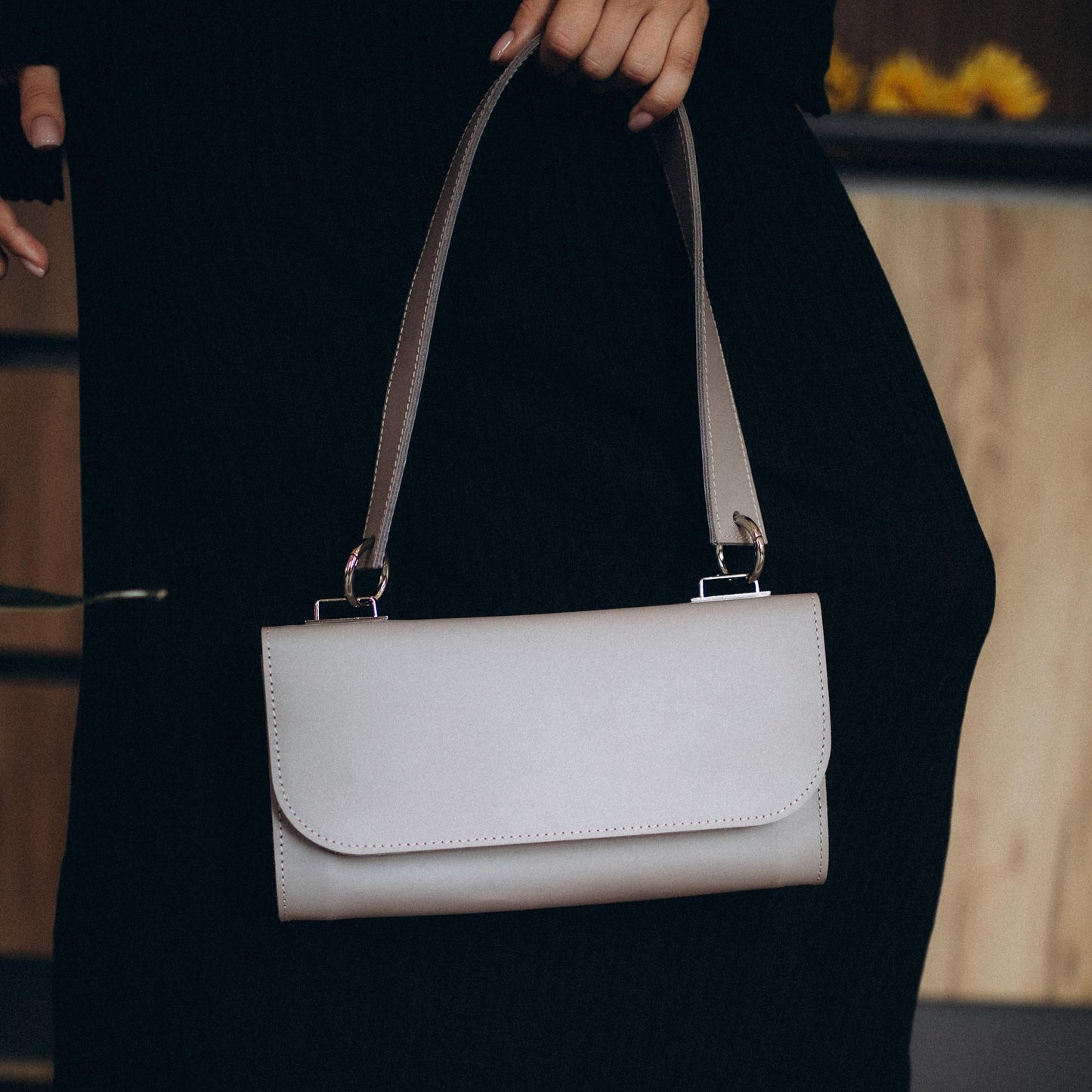 Black Leather Baguette Bag for Women - Pache Tabala