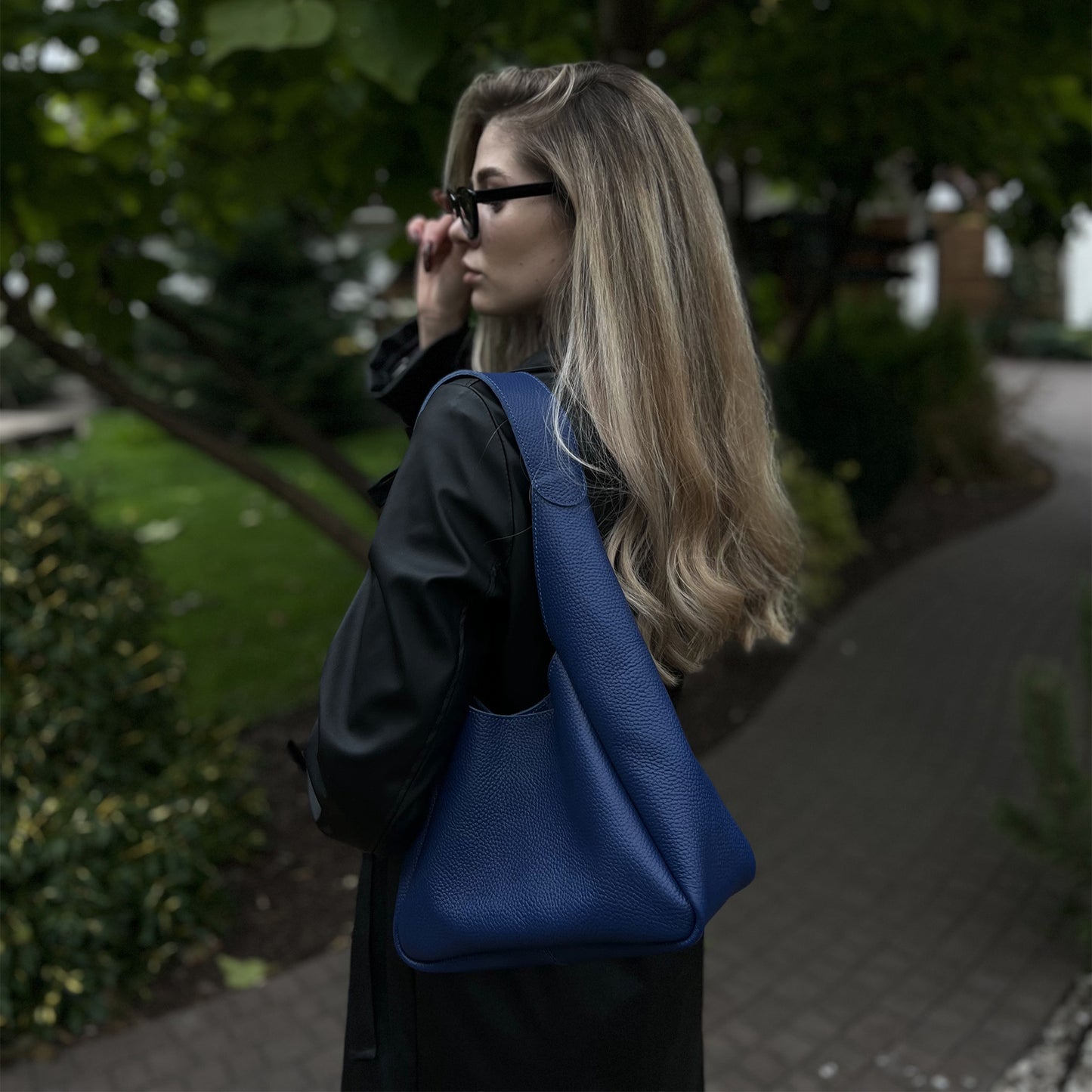 Blue Leather Hobo Bag for Women - Pache Torba - Pache