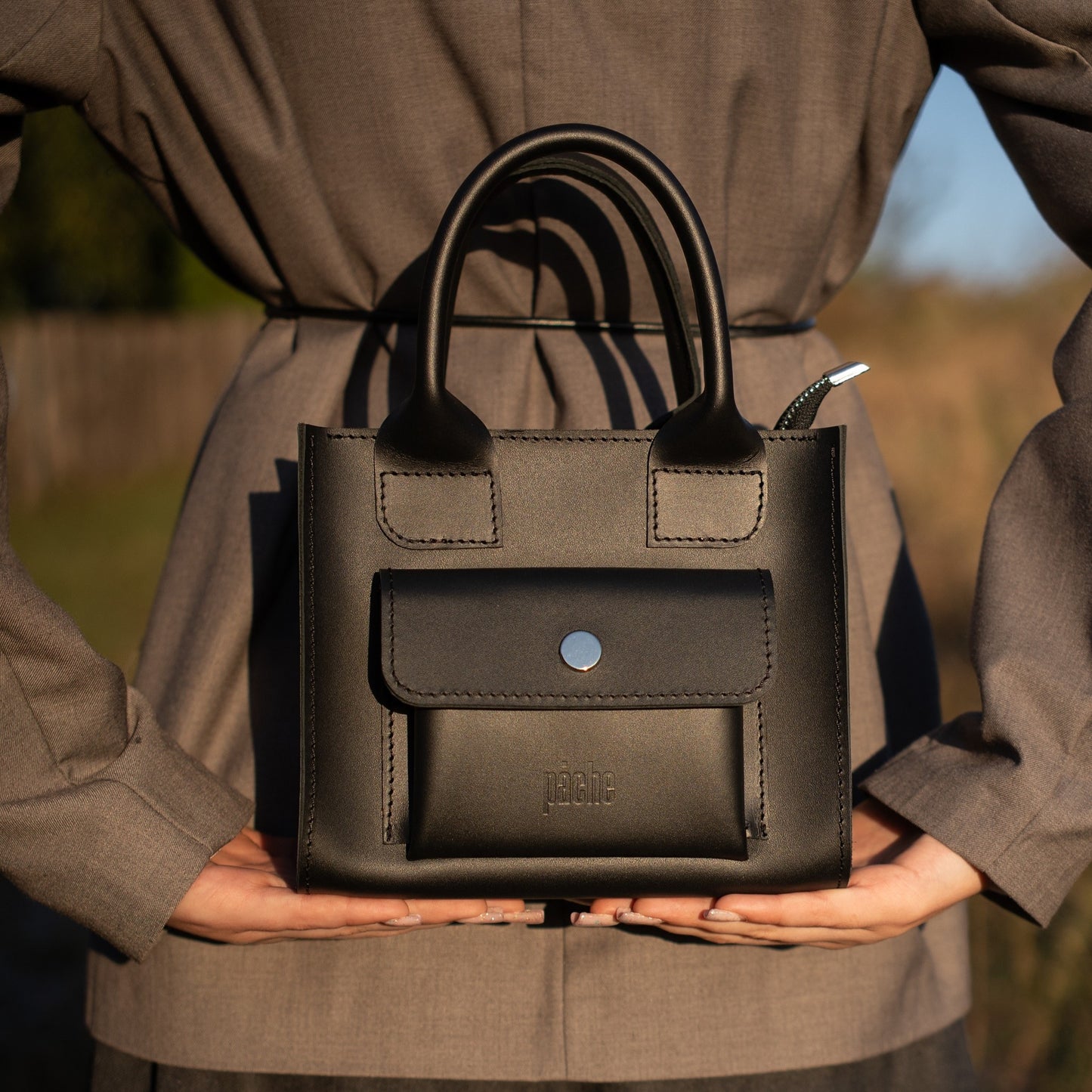 Gray Leather Mini Tote Bag for Women - Pache Sigil - Pache