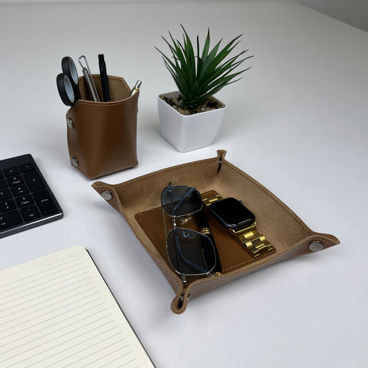 Black Leather Desk Organizer Set - 2 Pieces (Tray & Pen Holder) - Pache