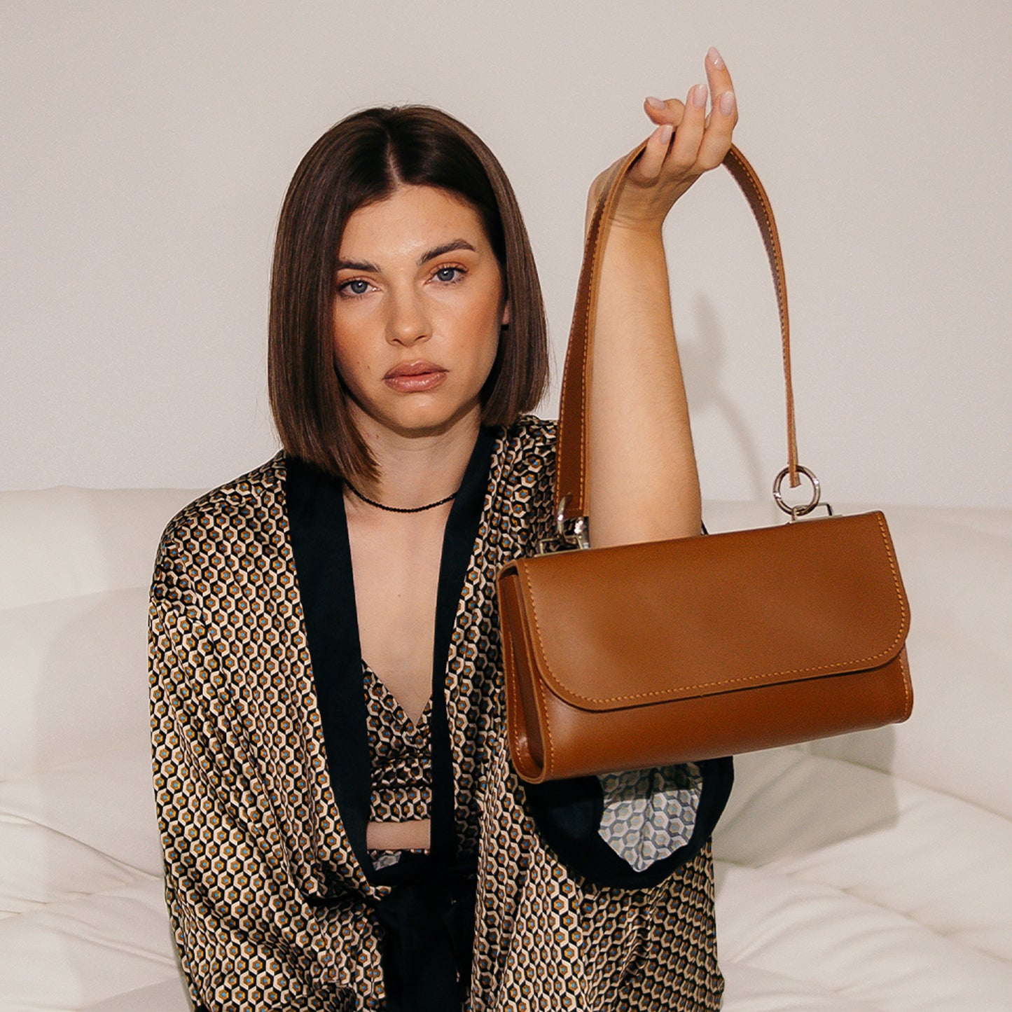 Brown Leather Baguette Bag for Women - Pache Tabala