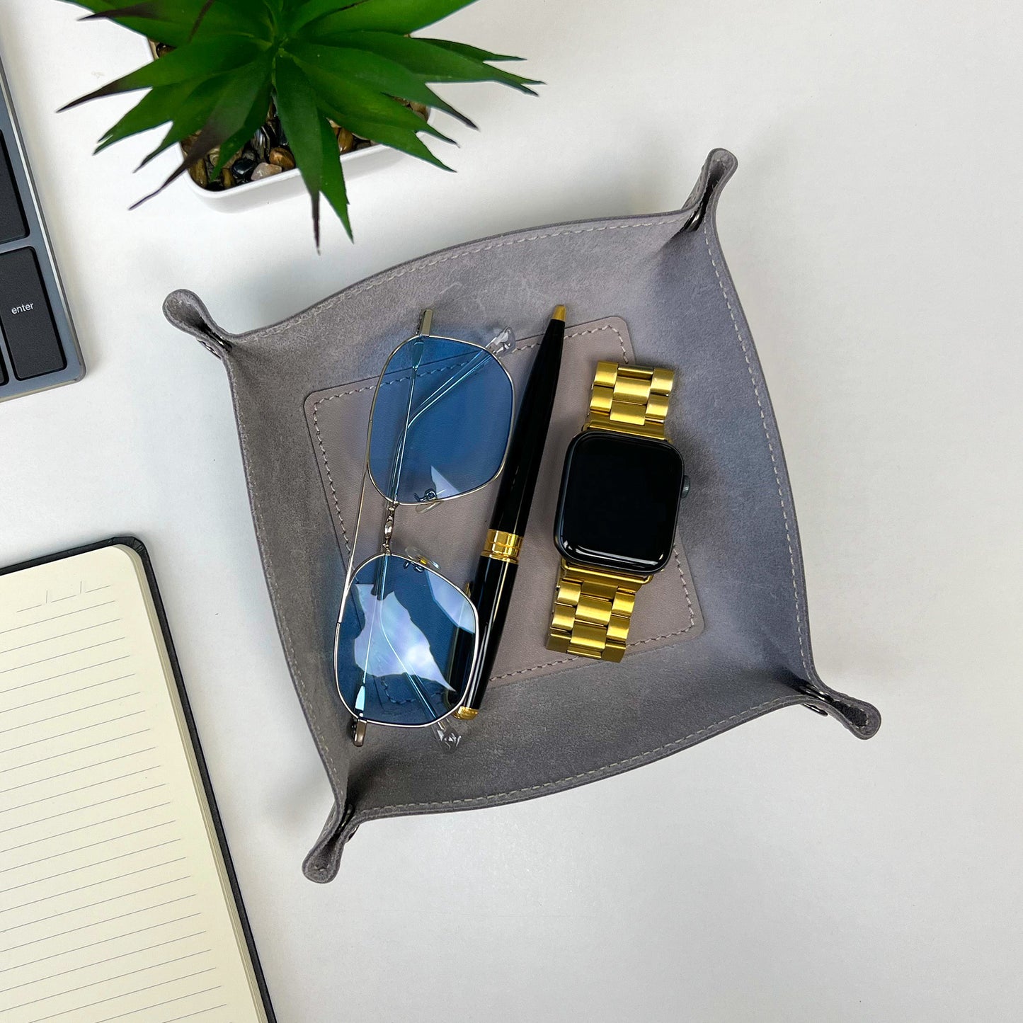 Gray Leather Desk Organizer For Keys, Glasses And Small Items - Pache