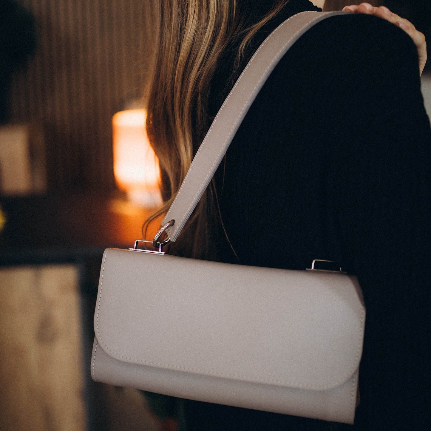 Grey Leather Baguette Bag for Women - Pache Tabala