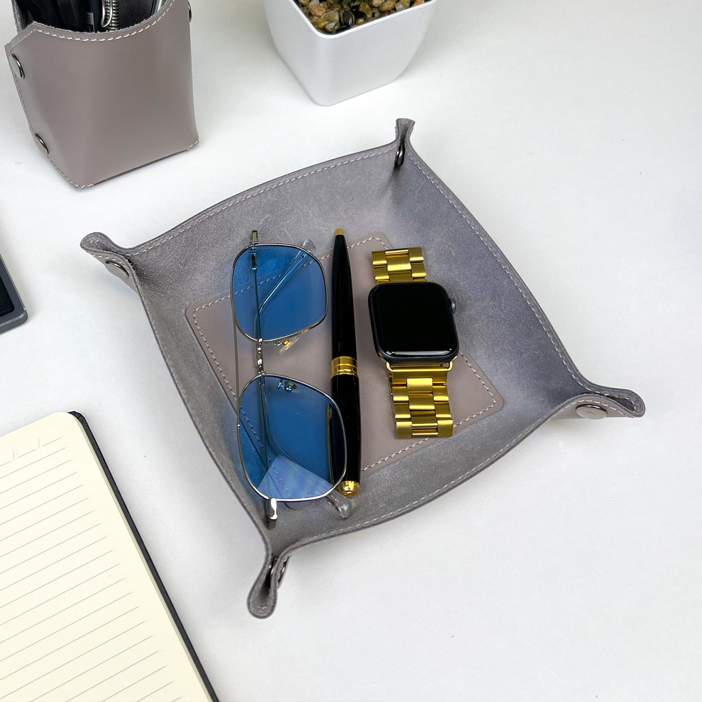 Gray Leather Desk Organizer For Keys, Glasses And Small Items