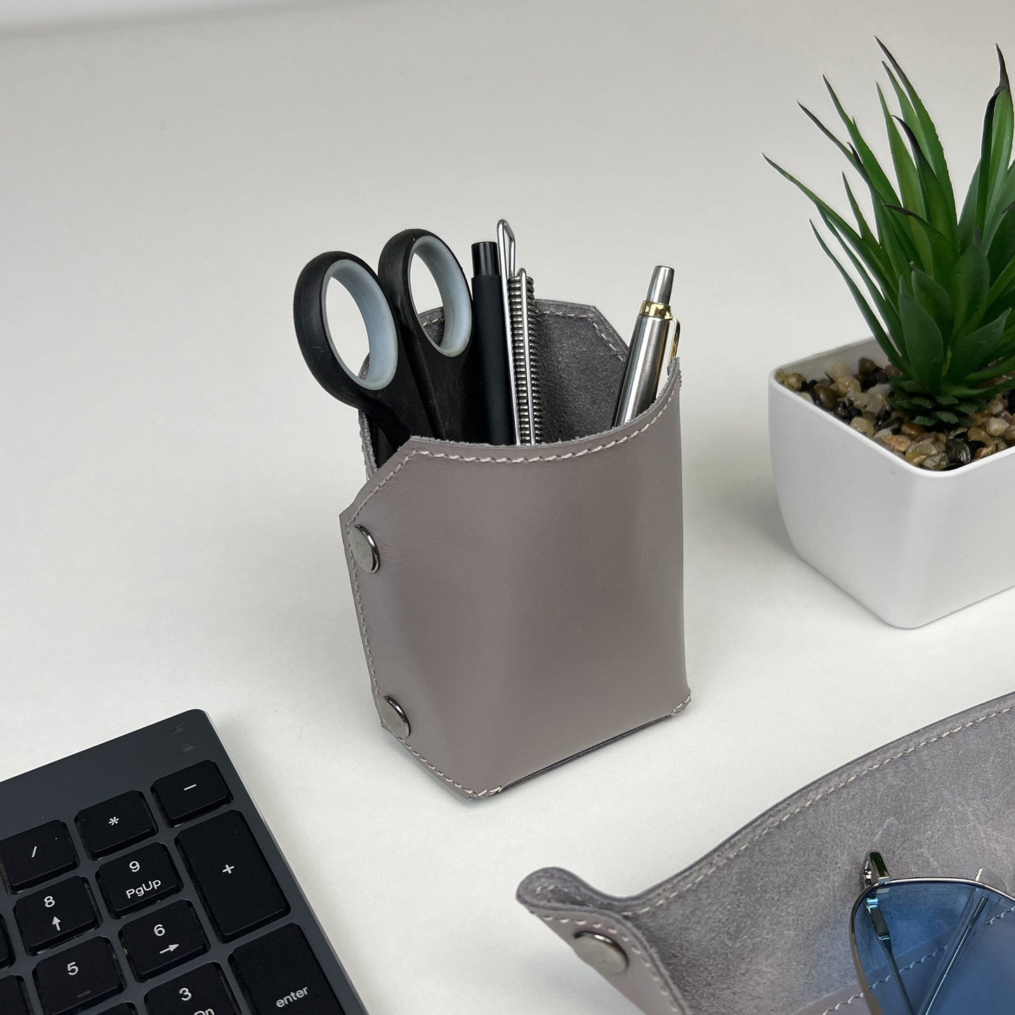 Gray Leather Organizer For Pens, Brushes & Desk Accessories