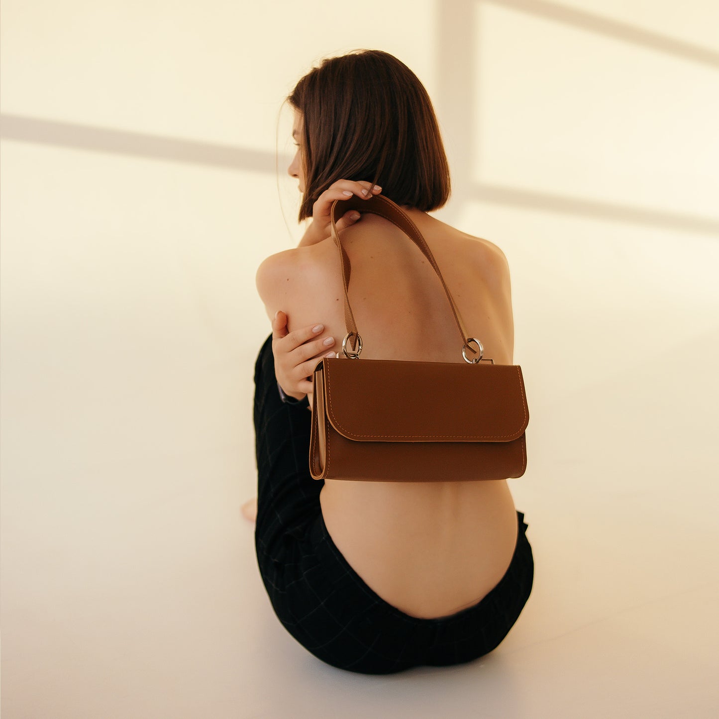 Brown Leather Baguette Bag for Women - Pache Tabala