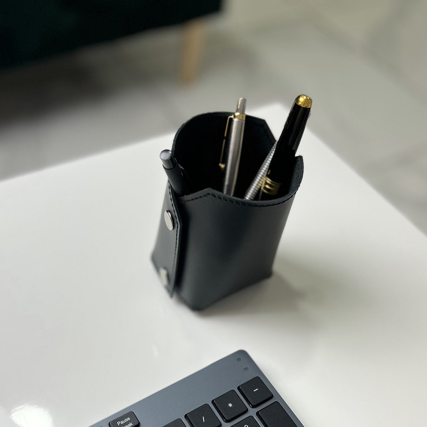 Black Leather Organizer For Pens, Brushes & Desk Accessories