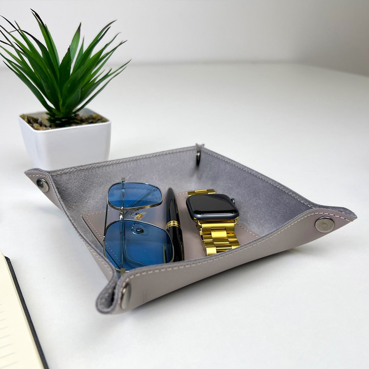 Gray Leather Desk Organizer For Keys, Glasses And Small Items