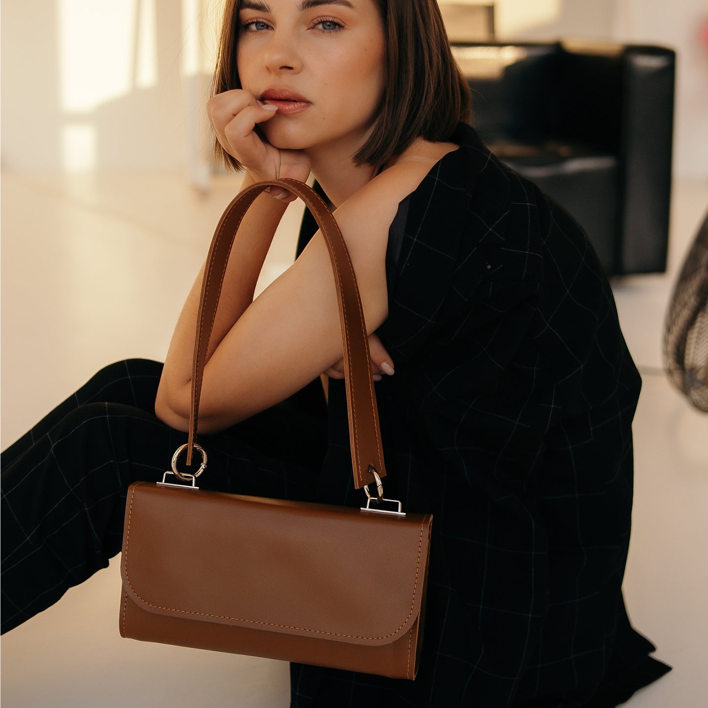 Brown Leather Baguette Bag for Women - Pache Tabala