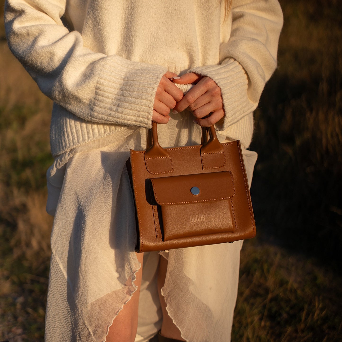 Brown Leather Mini Tote Bag for Women - Pache Sigil