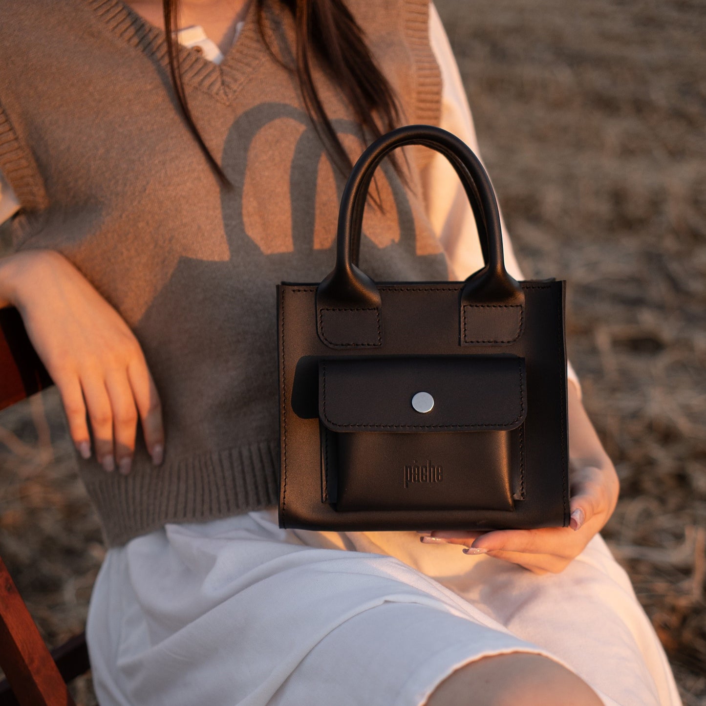 Black Leather Mini Tote Bag for Women - Pache Sigil - Pache