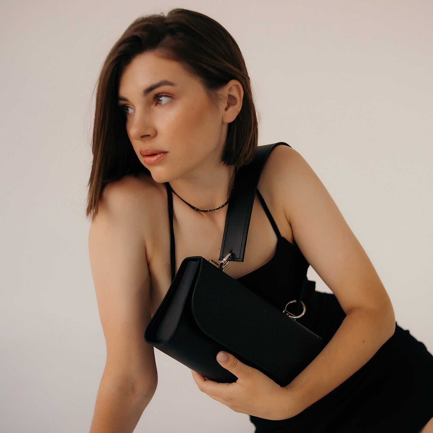 Black Leather Baguette Bag for Women - Pache Tabala - Pache