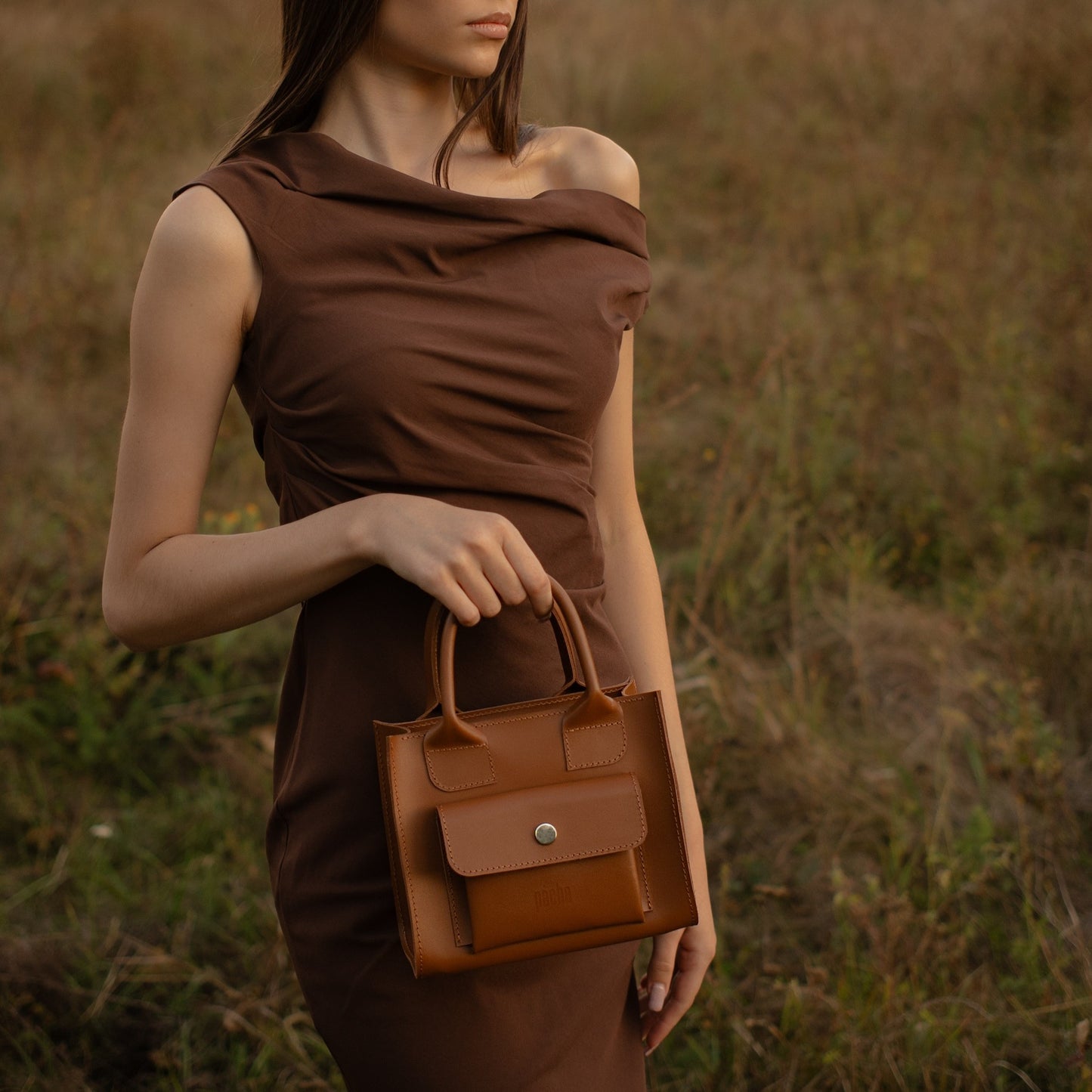 Brown Leather Mini Tote Bag for Women - Pache Sigil