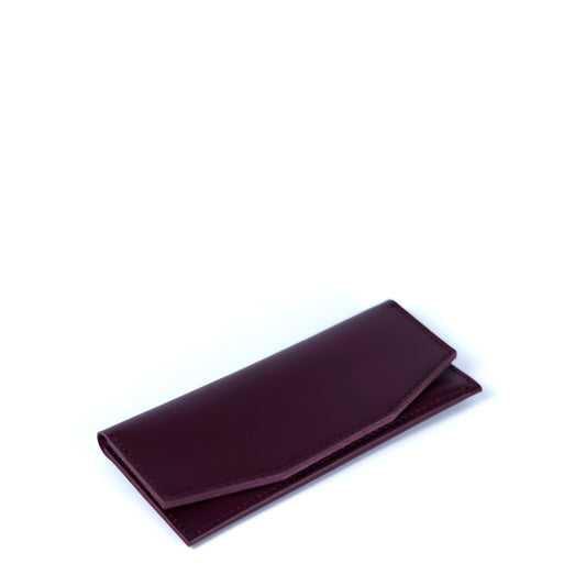 Burgundy slim leather wallet for women, minimalist handmade wallet, angled view