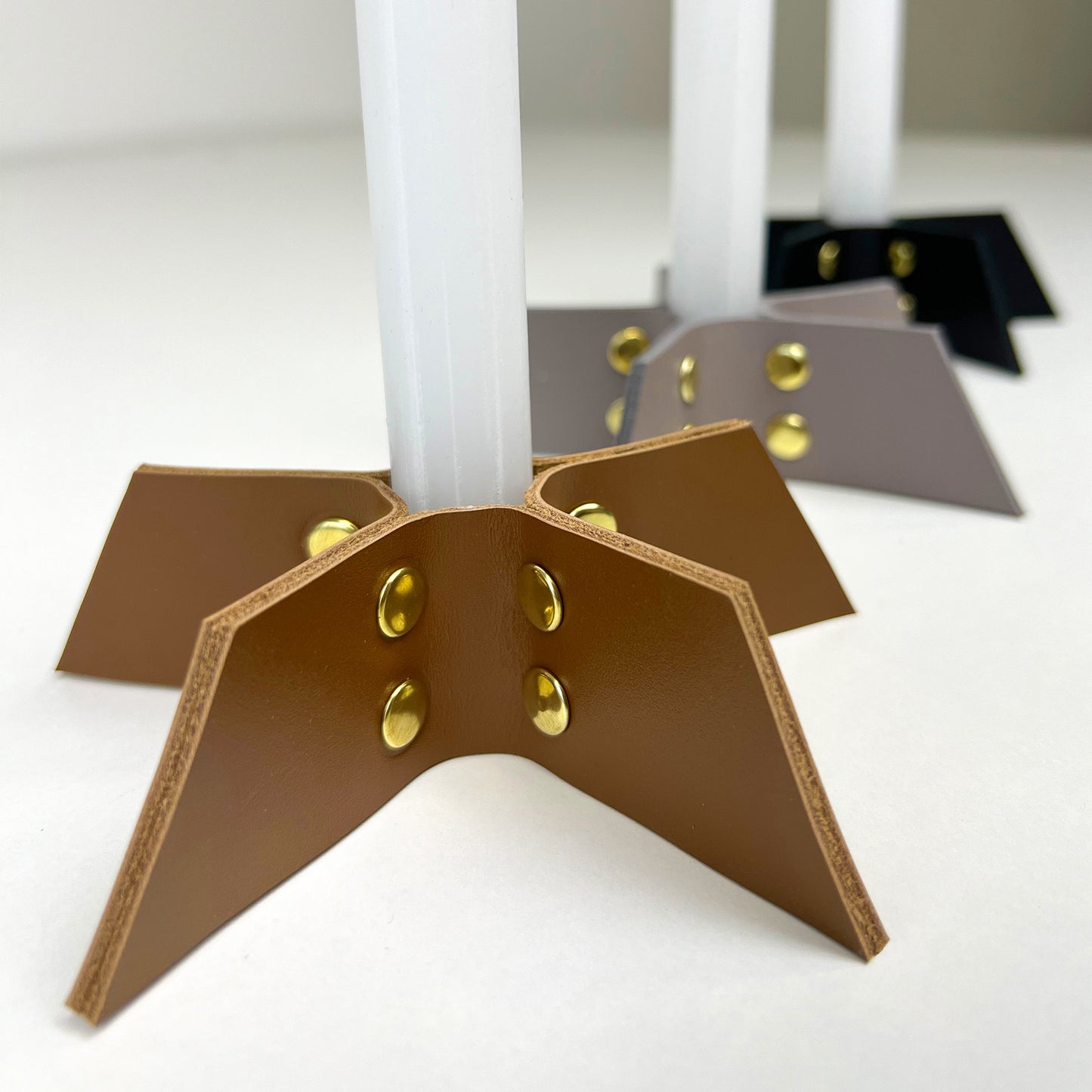 Set of Two Brown Leather Candle Holders - Handmade Minimalist Decor - Pache