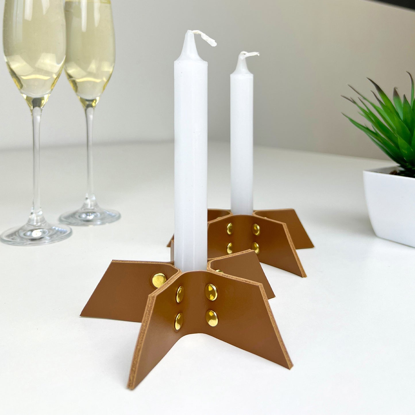 Set of Two Brown Leather Candle Holders - Handmade Minimalist Decor - Pache