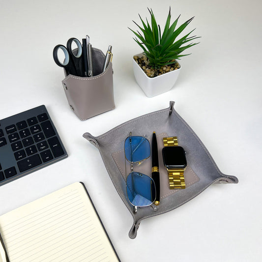 Black Leather Desk Organizer Set - 2 Pieces (Tray & Pen Holder) - Pache