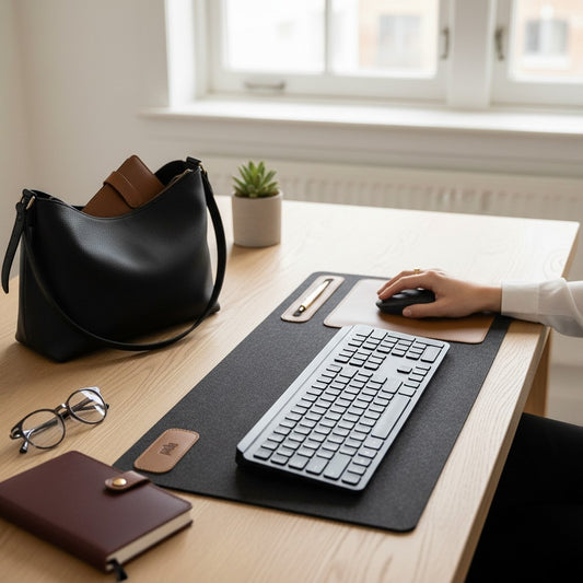 Pache dark grey felt desk mat with brown leather mouse pad and pen holder, featuring a black keyboard and mouse.