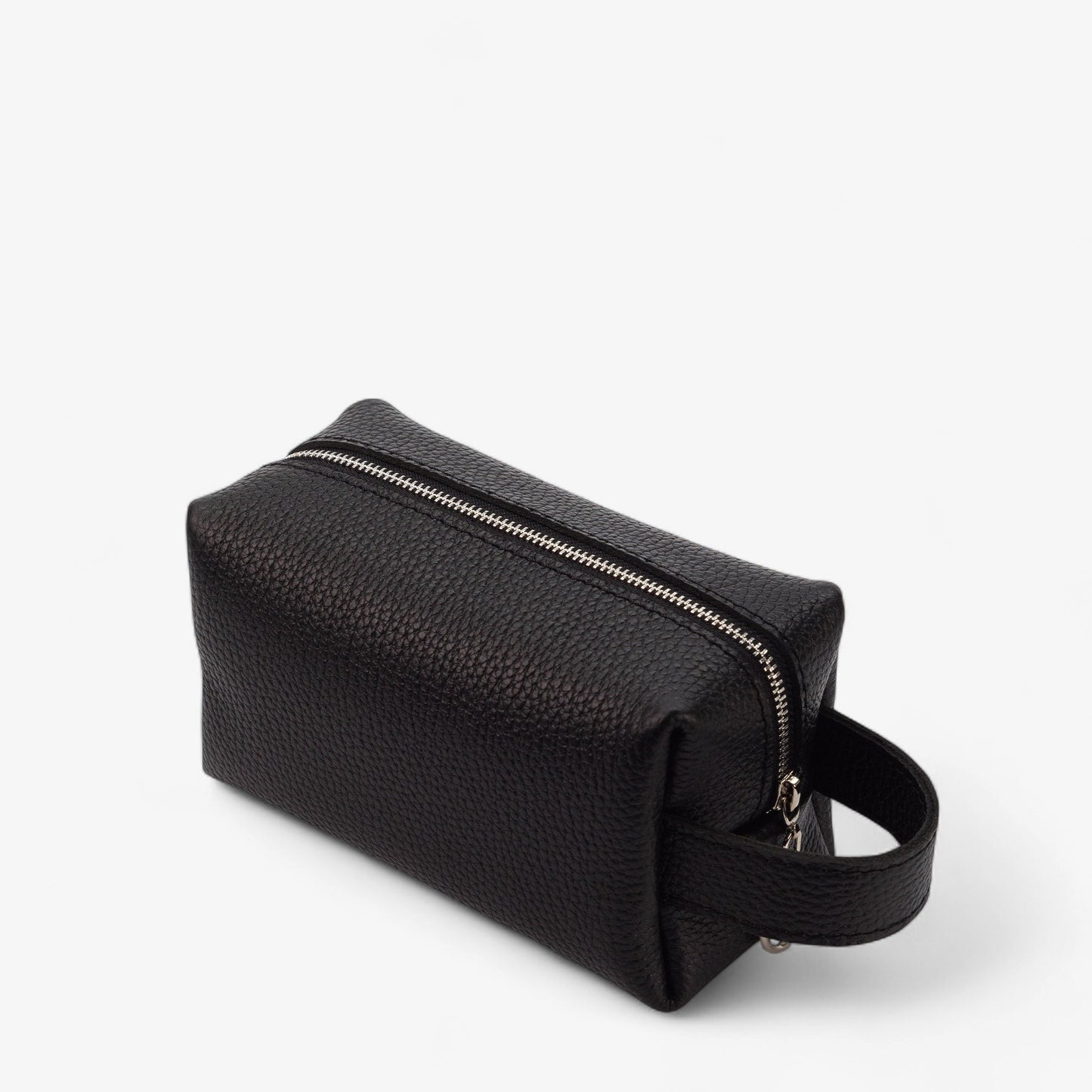 Black textured toiletry bag with a zipper on a white background