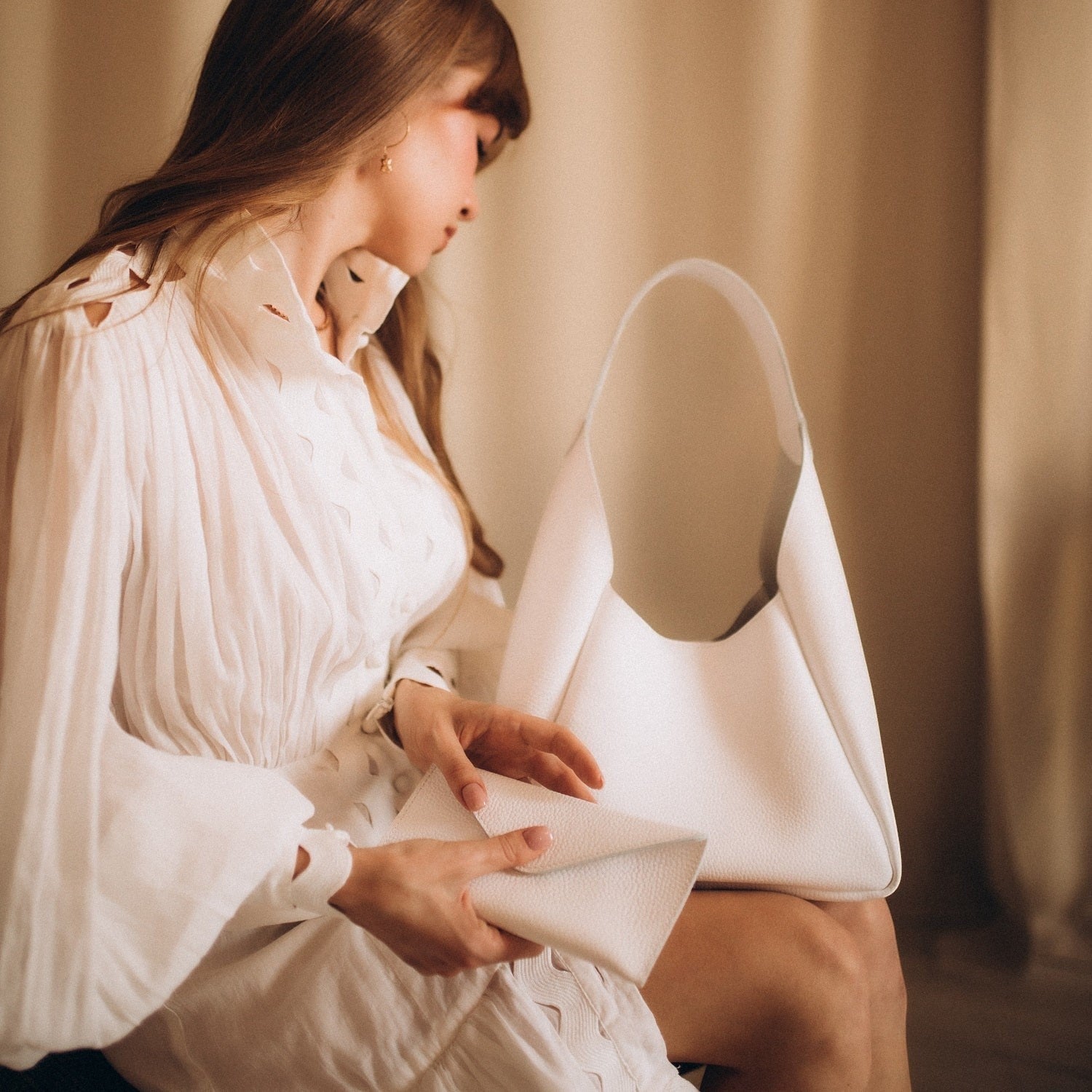 White Leather Hobo Bag for Women - Pache Torba - Pache