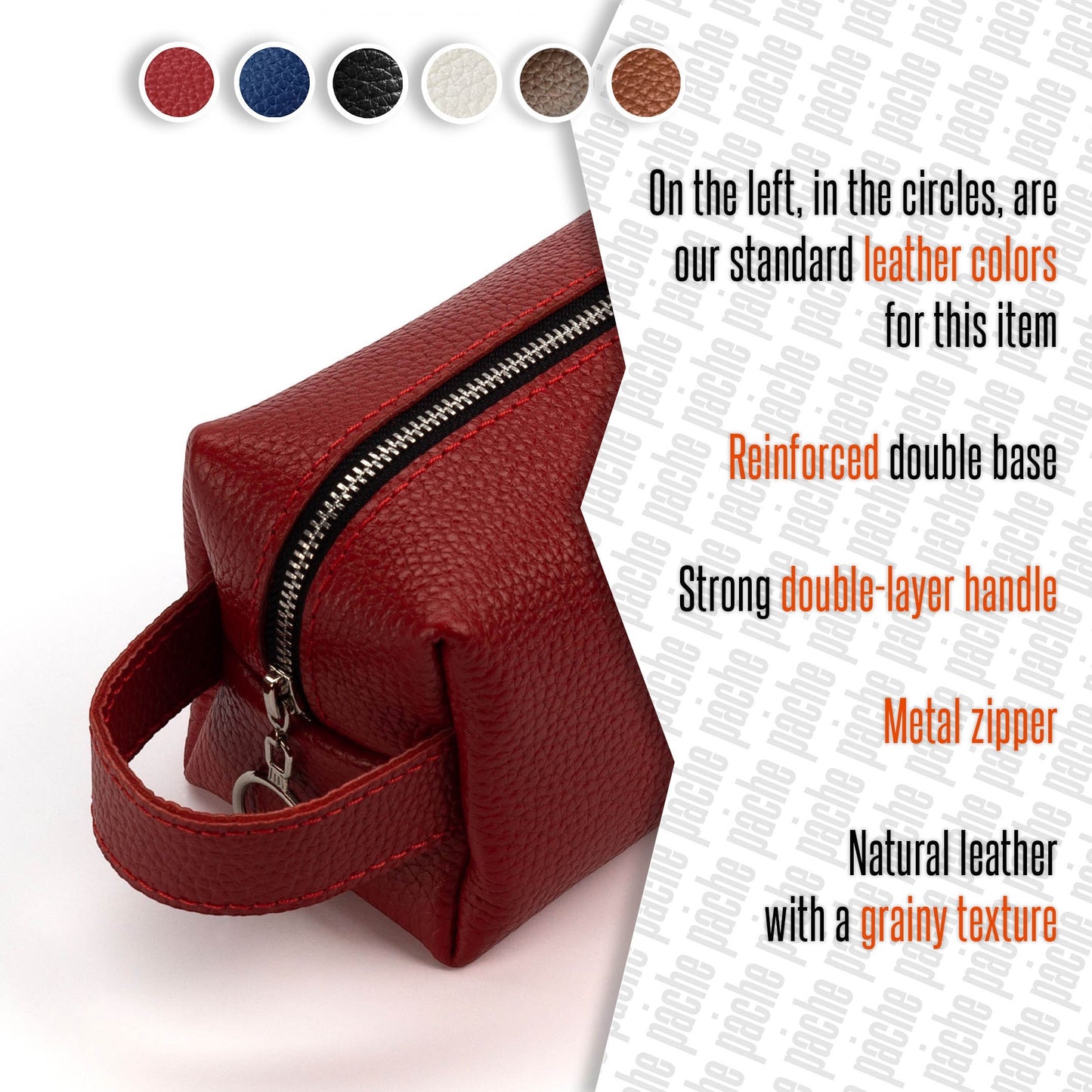 Red leather bag with metal zipper on a white background, showing color options and product features.