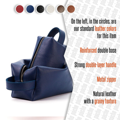 Blue leather bag with text detailing features and color options on a white background