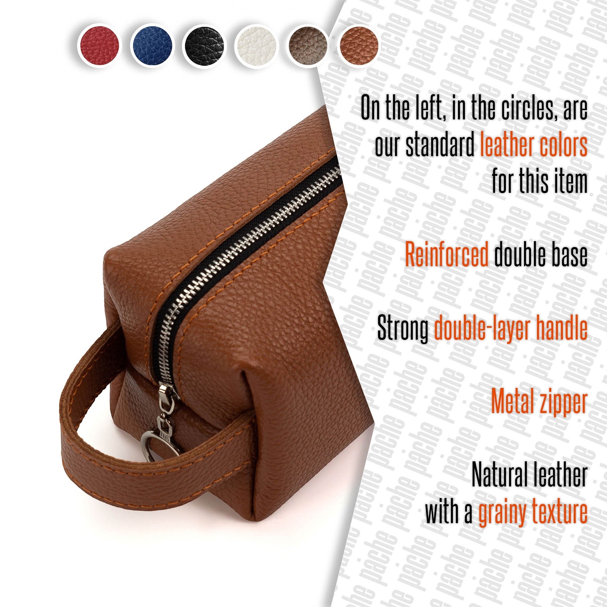 Brown leather bag with metal zipper on a white background, color swatches on the left.