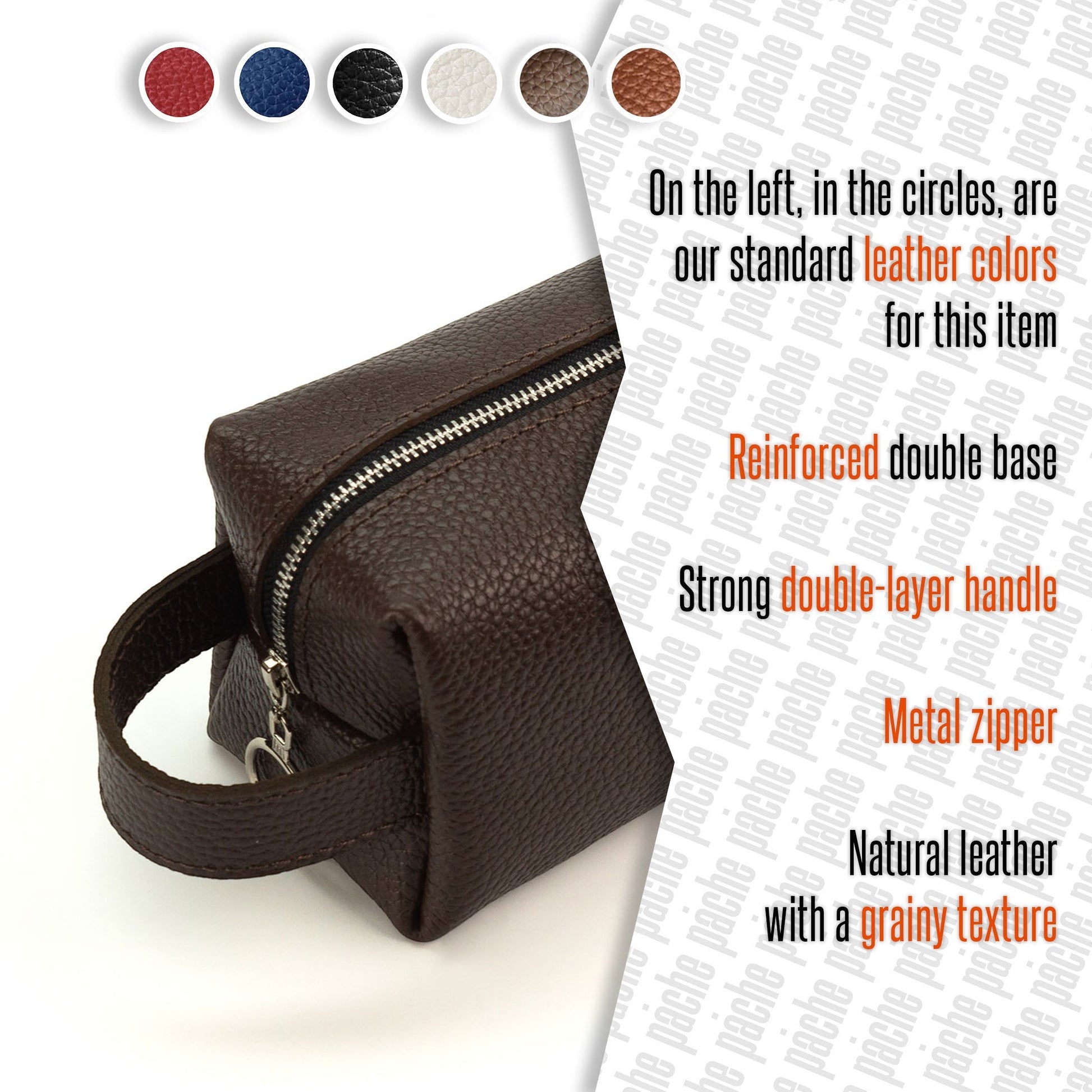 Brown leather bag with text describing features and color options on a white background