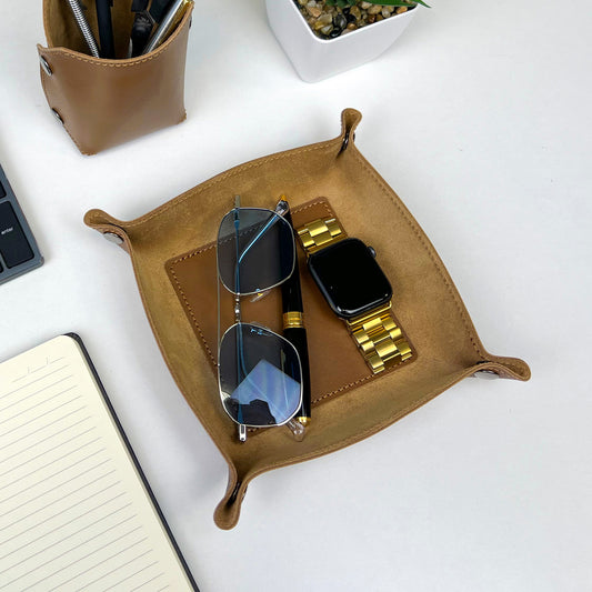 Brown Leather Desk Organizer For Keys, Glasses And Small Items