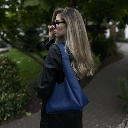 Blue Leather Hobo Bag for Women - Pache Torba - Pache
