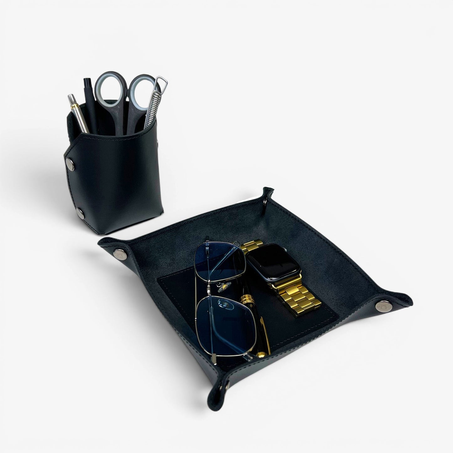 Black Leather Desk Organizer Set - 2 Pieces (Tray & Pen Holder) - Pache