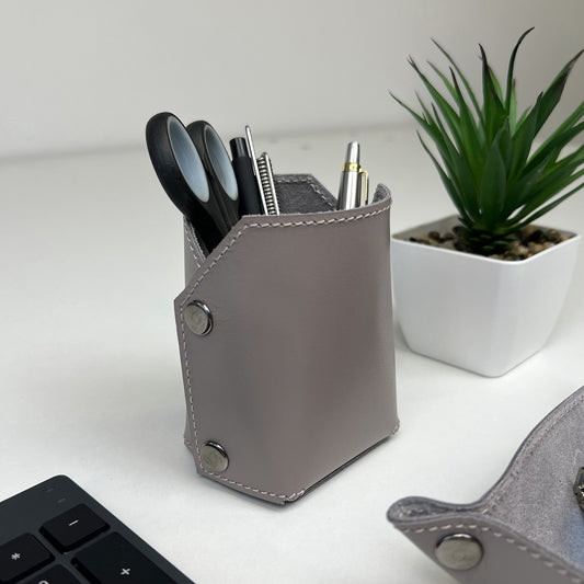Gray Leather Organizer For Pens, Brushes & Desk Accessories