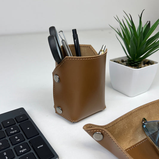 Brown Leather Organizer For Pens, Brushes & Desk Accessories