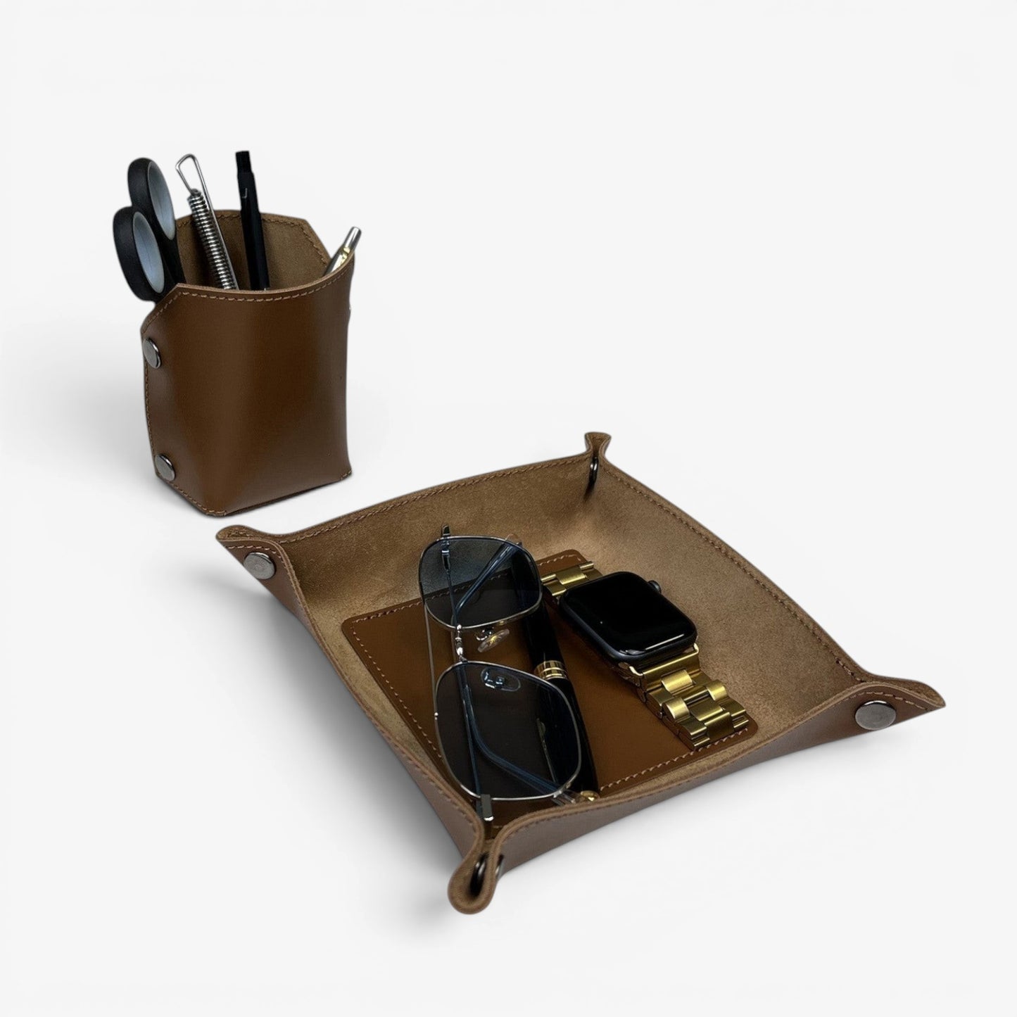 Black Leather Desk Organizer Set - 2 Pieces (Tray & Pen Holder) - Pache