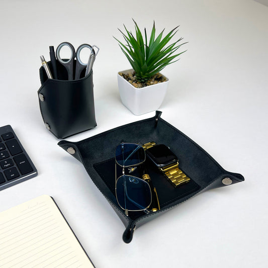 Black Leather Desk Organizer Set - 2 Pieces (Tray & Pen Holder)
