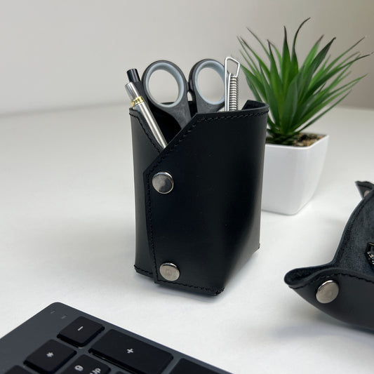 Black Leather Organizer For Pens, Brushes & Desk Accessories