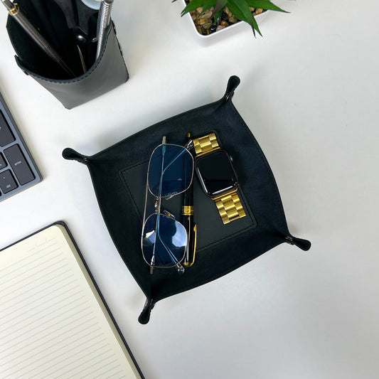 Black Leather Desk Organizer For Keys, Glasses And Small Items