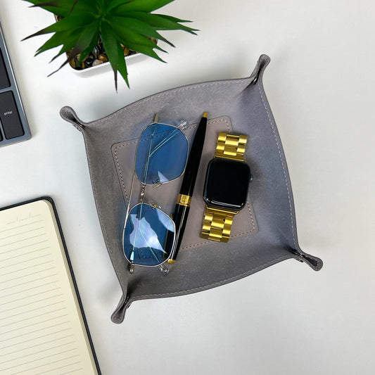Gray Leather Desk Organizer For Keys, Glasses And Small Items
