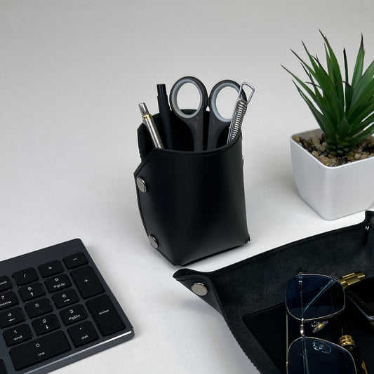 Black Leather Organizer For Pens, Brushes & Desk Accessories