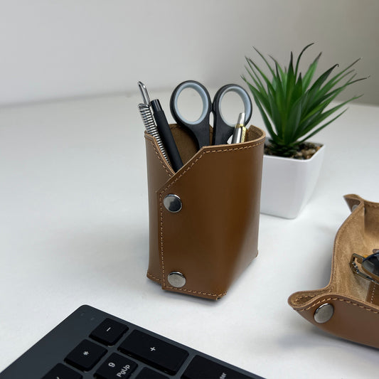 Brown Leather Organizer For Pens, Brushes & Desk Accessories