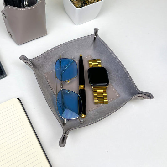 Gray Leather Desk Organizer For Keys, Glasses And Small Items