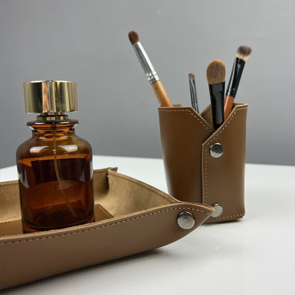 Brown Leather Desk Organizer Set - 2 Pieces (Tray & Pen Holder) - Pache