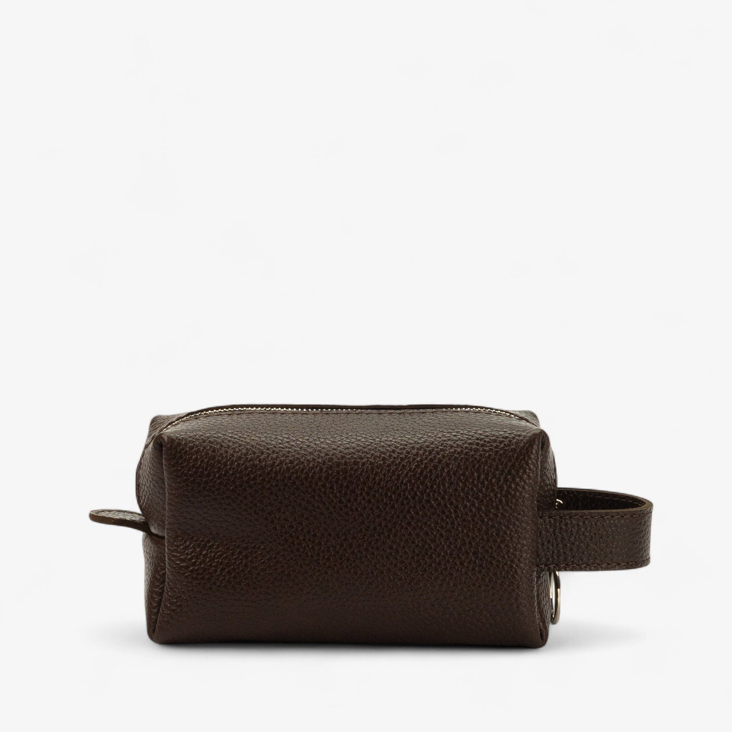 Brown leather toiletry bag on a white background