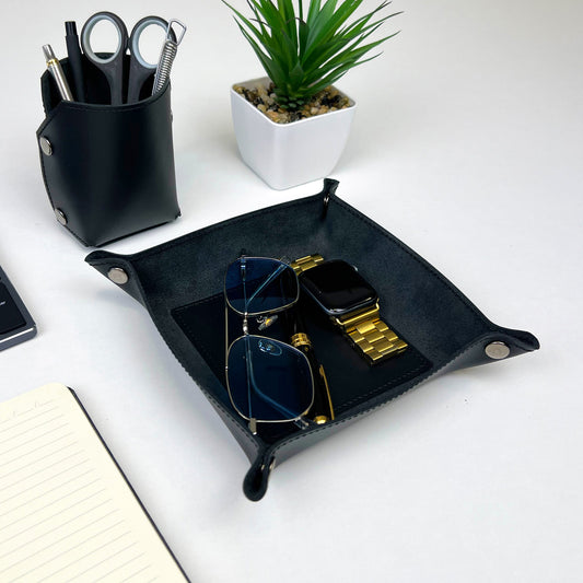 Black Leather Desk Organizer For Keys, Glasses And Small Items