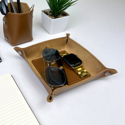 Brown Leather Desk Organizer For Keys, Glasses And Small Items