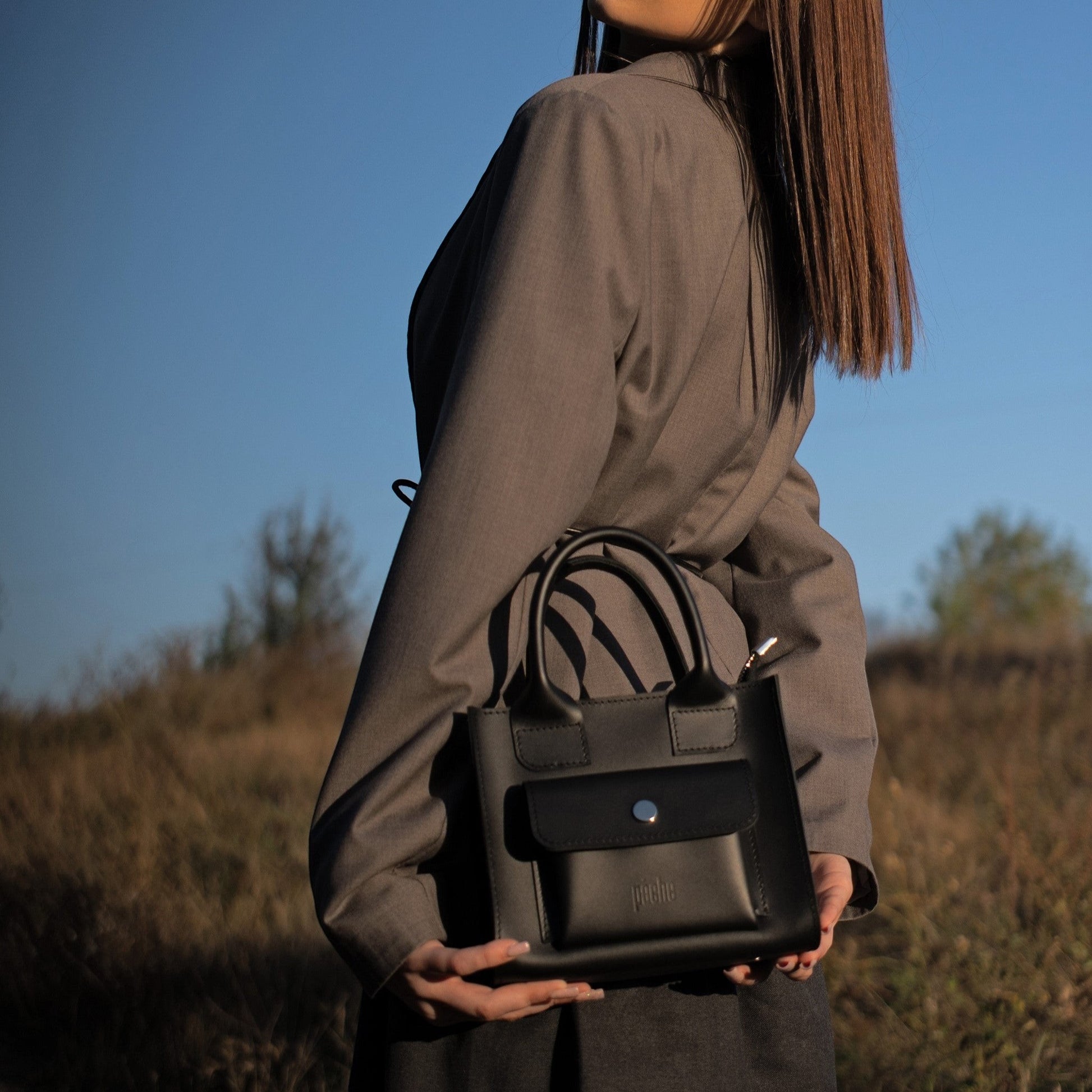 Black Leather Mini Tote Bag for Women - Pache Sigil - Pache