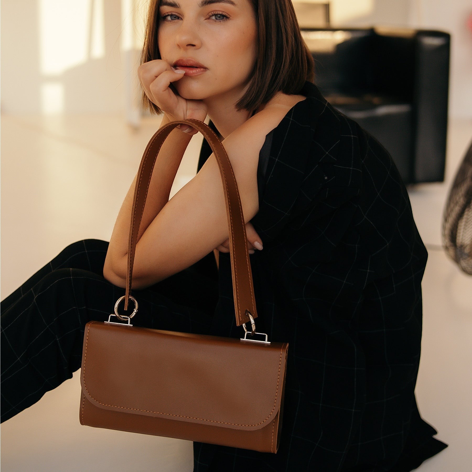 Brown Leather Baguette Bag for Women - Pache Tabala - Pache