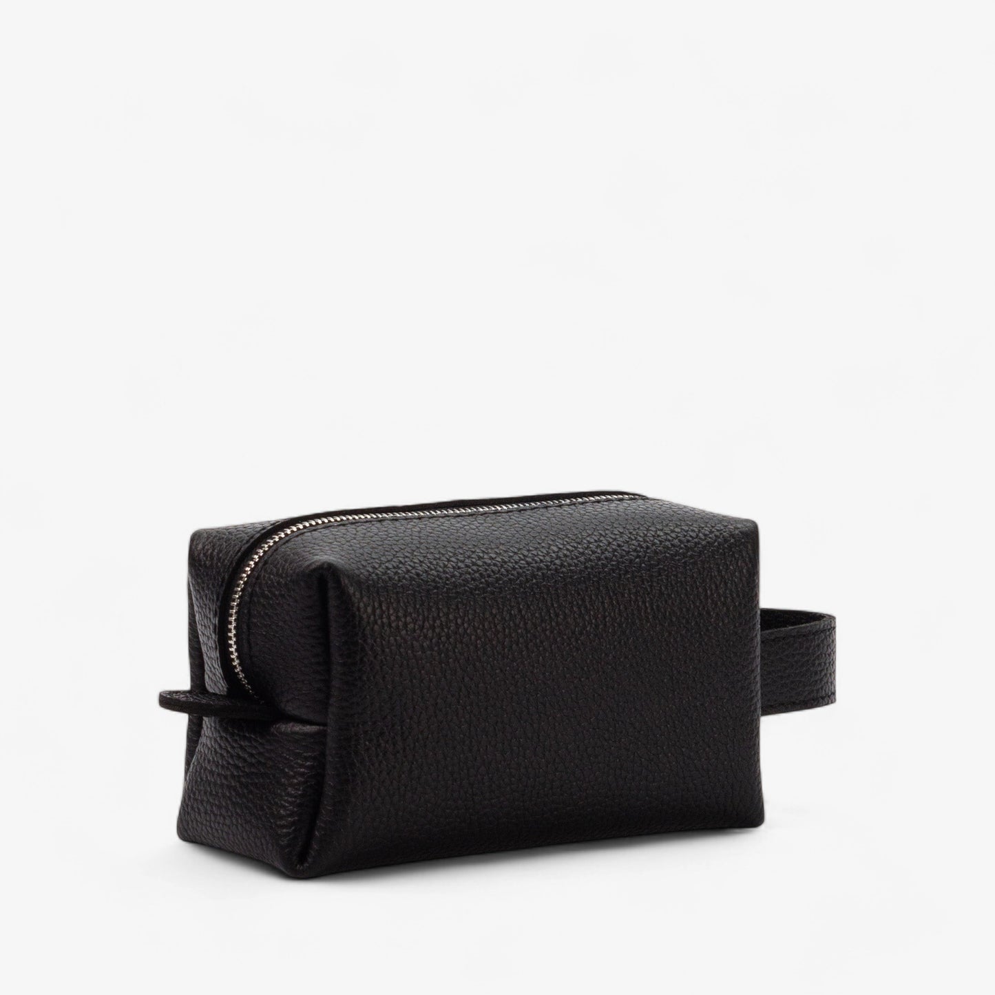 Black leather toiletry bag on a white background